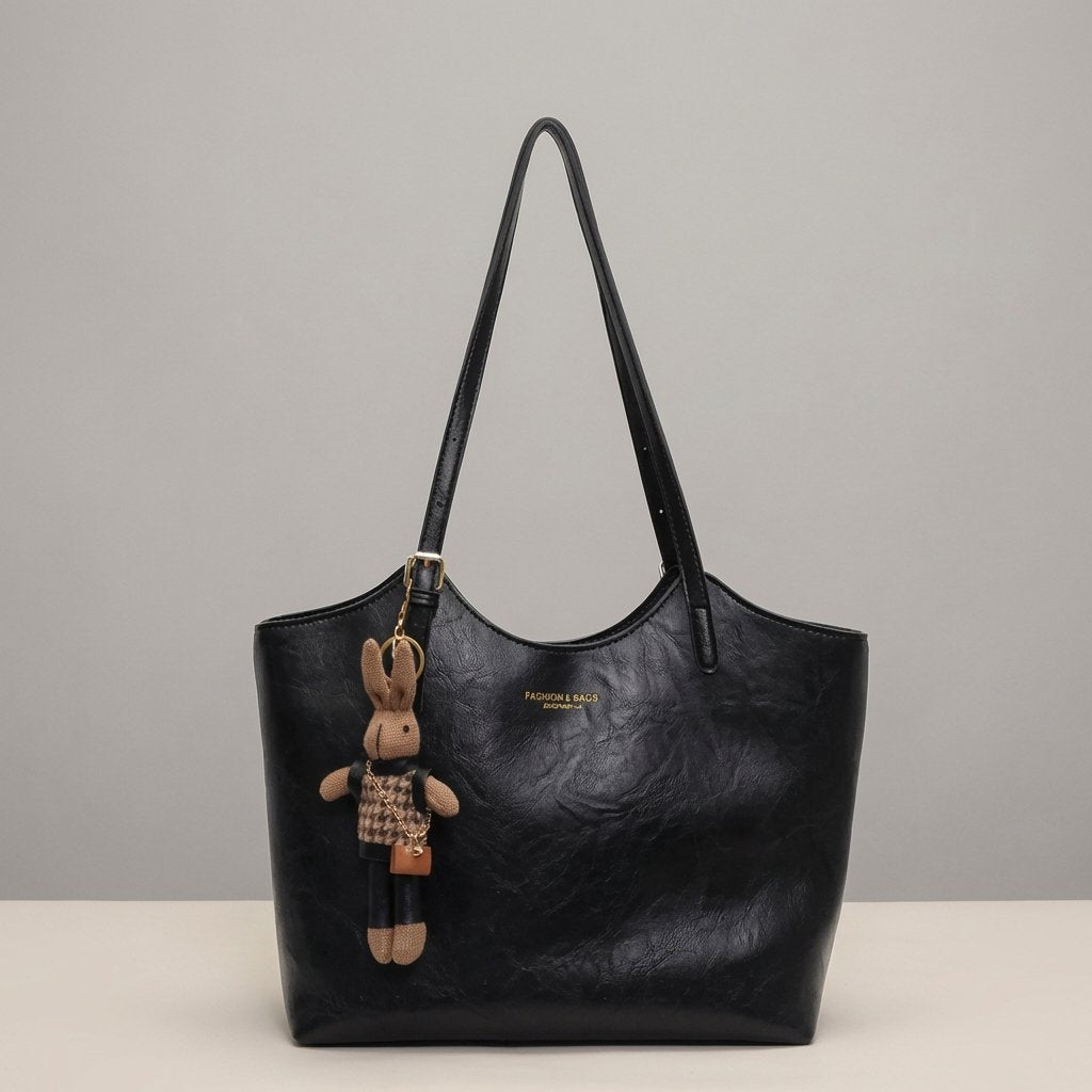 Women's Soft Vegan Leather Shoulder Tote Bag Plush Bunny Charm