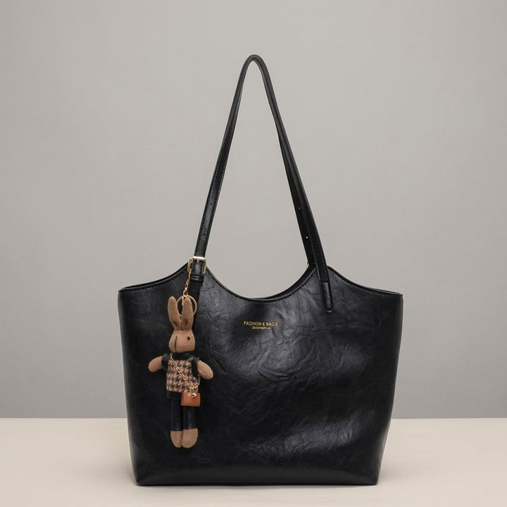 Women's Soft Vegan Leather Shoulder Tote Bag Plush Bunny Charm
