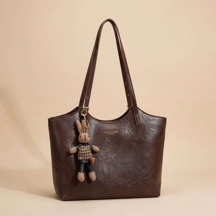 Women's Soft Vegan Leather Shoulder Tote Bag Plush Bunny Charm