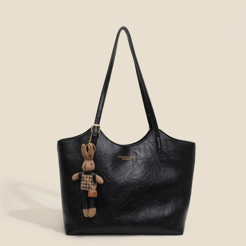 Women's Soft Vegan Leather Shoulder Tote Bag Plush Bunny Charm
