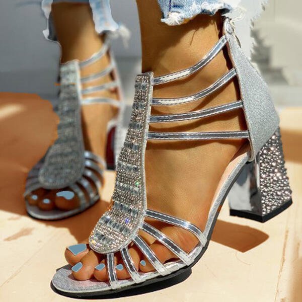 Women's Strappy Rhinestone Block Heel Comfortable Sandals - Silver