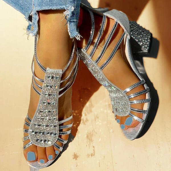 Women's Strappy Rhinestone Block Heel Comfortable Sandals