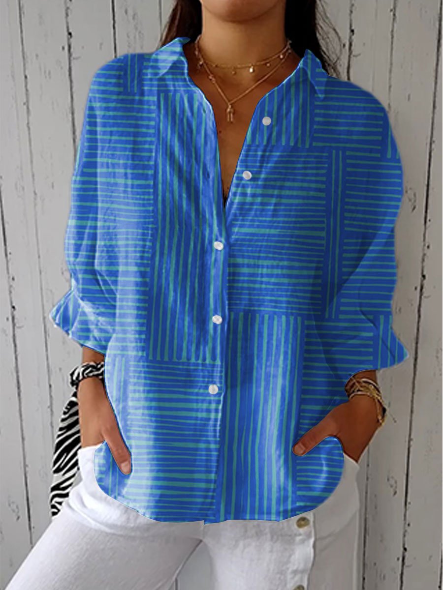 Women's Striped Button Front Blouse V-Neck Relaxed Fit - Blue