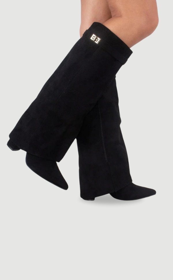 Women's Suede Knee High Boots with Gold Hardware - Schwarz Wildleder