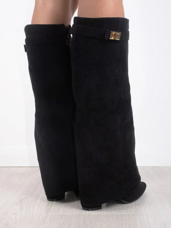 Women's Suede Knee High Boots with Gold Hardware