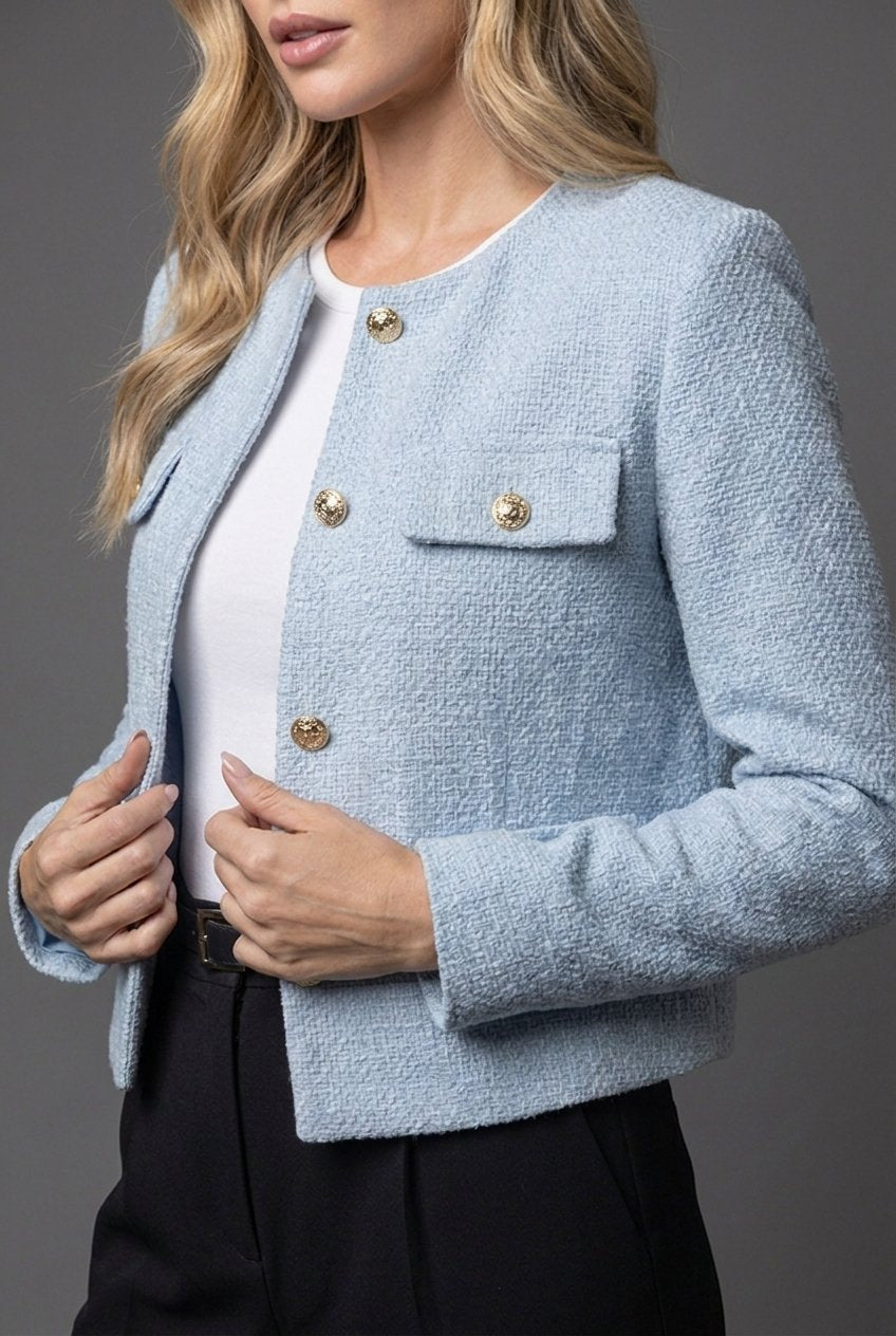 Women's Tweed Cropped Blazer Round Neck Gold Buttons