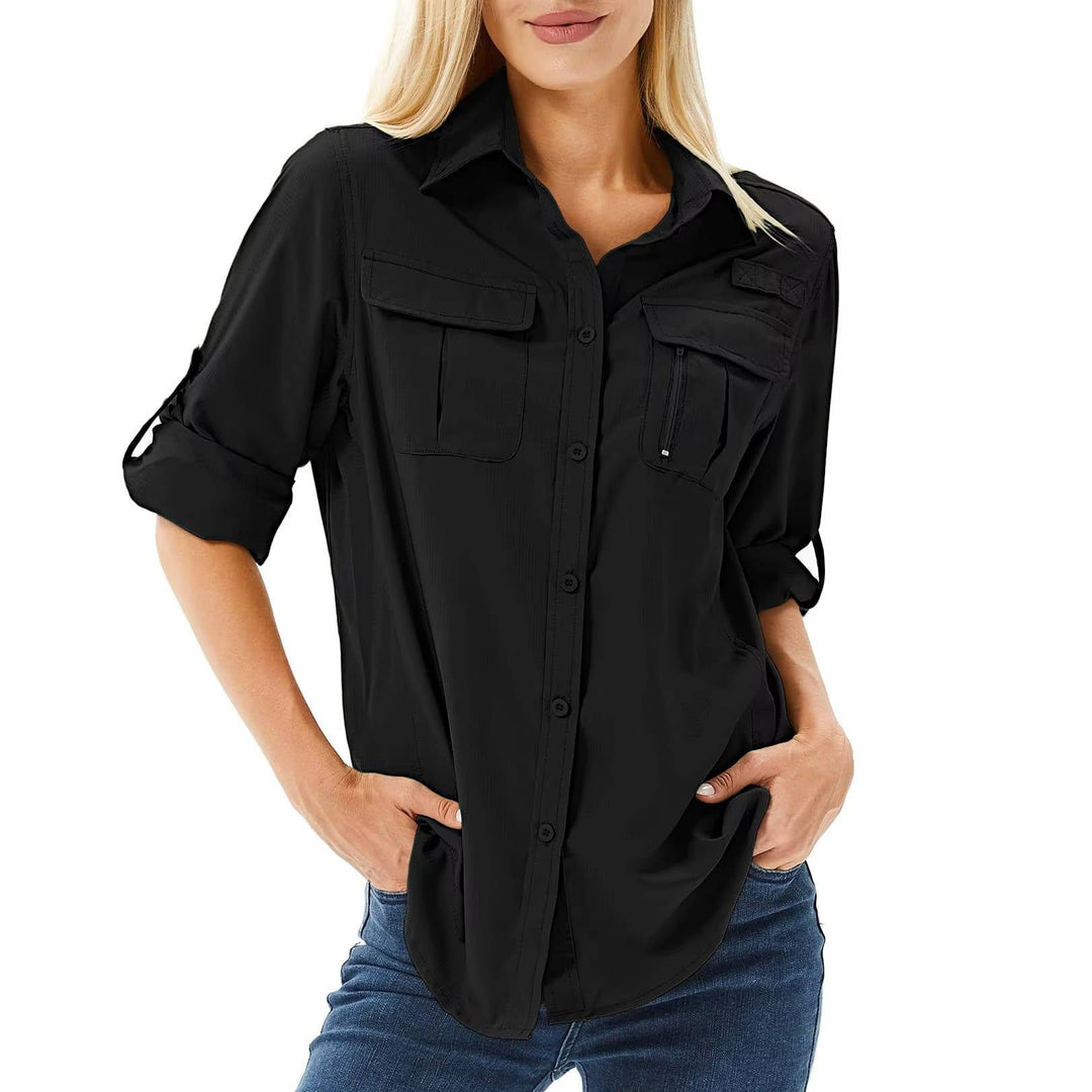 Women's UPF 50 Long Sleeve Hiking Shirt Roll-Up Safari - Black