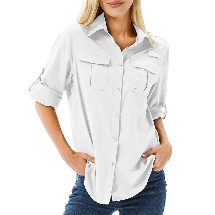 Women's UPF 50 Long Sleeve Hiking Shirt Roll-Up Safari - White