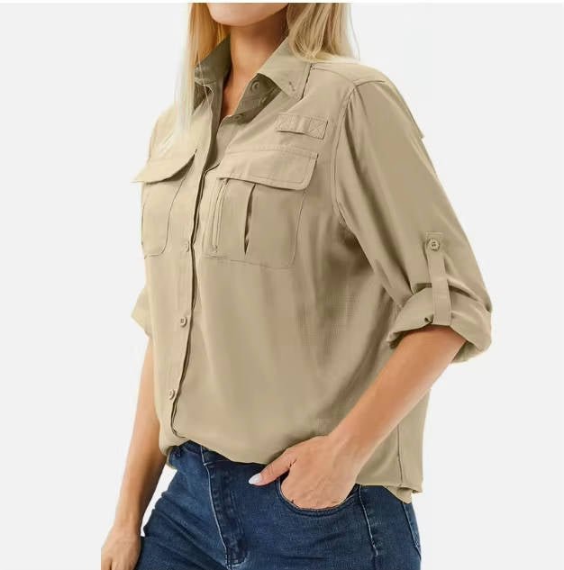 Women's UPF 50 Long Sleeve Hiking Shirt Roll-Up Safari