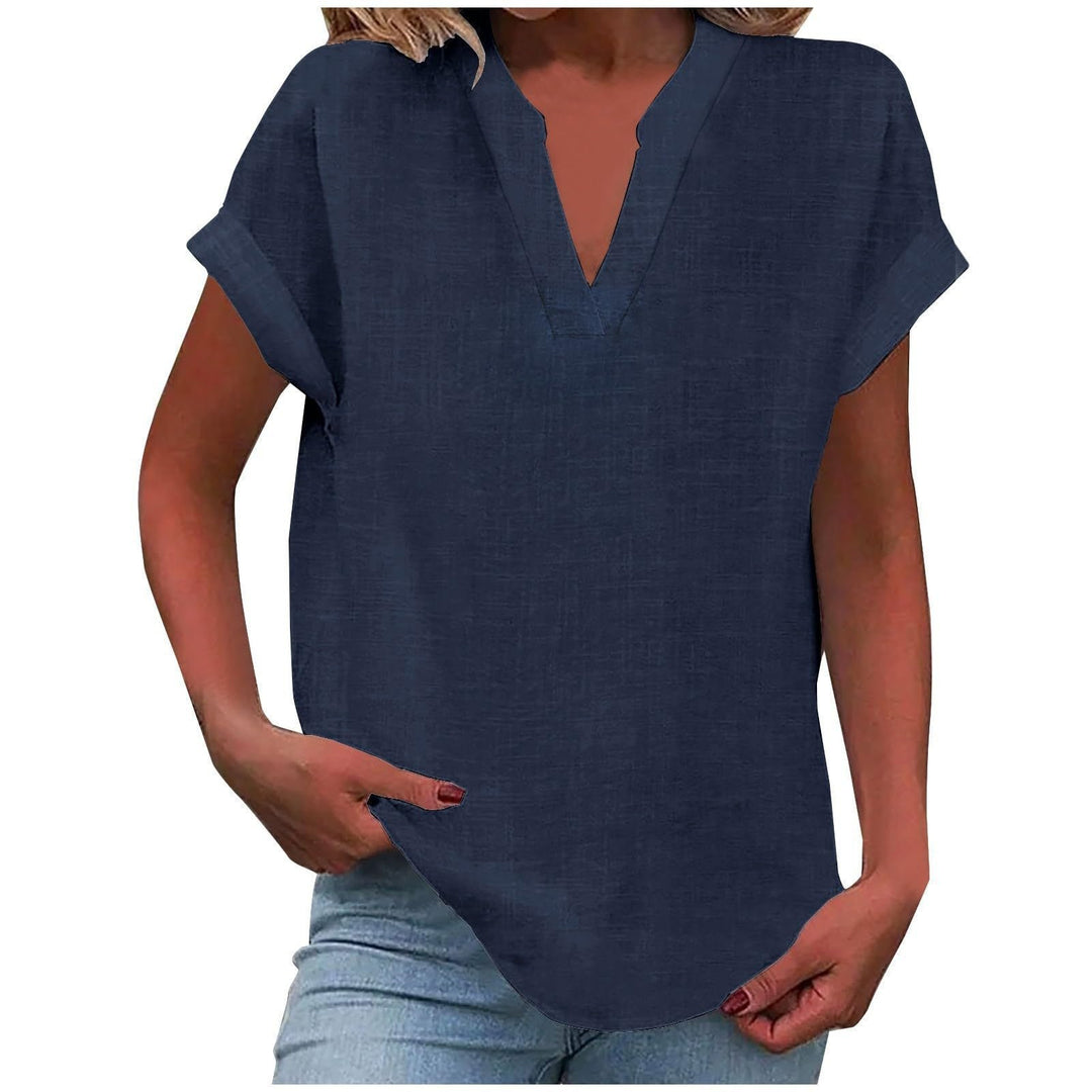 Women's V-Neck Blouse Relaxed Fit Short Sleeve - Navy Blue