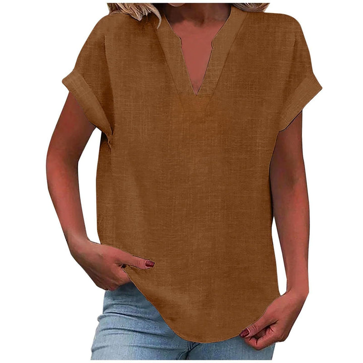 Women's V-Neck Blouse Relaxed Fit Short Sleeve - Brown