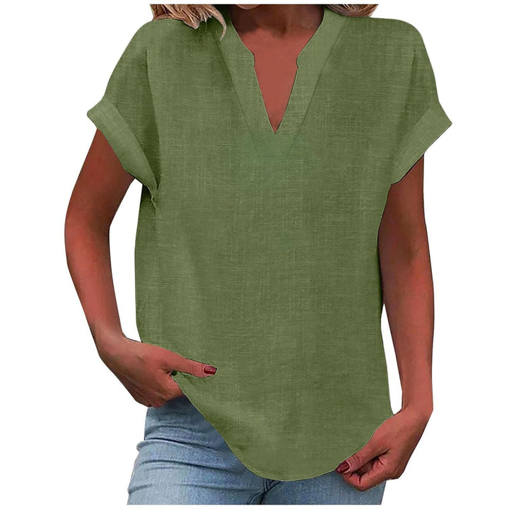 Women's V-Neck Blouse Relaxed Fit Short Sleeve - Army Green