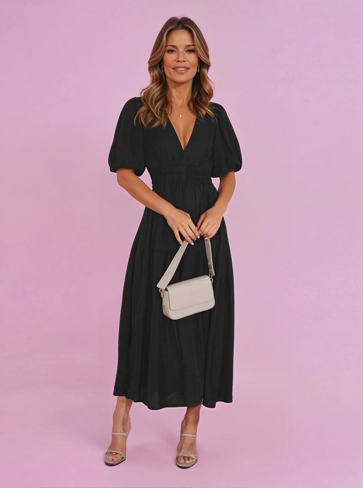 Women's V-Neck Puff Sleeve Midi Dress Smocked Waist