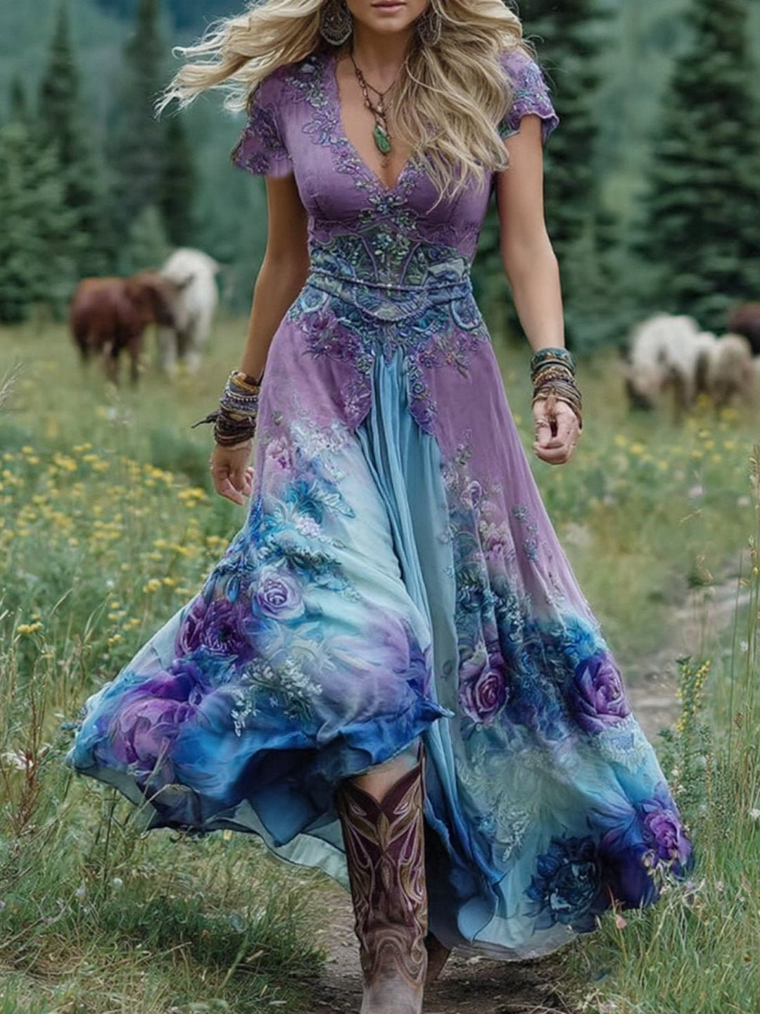 Women's V-Neck Short Sleeve Floral Maxi Dress - Purple