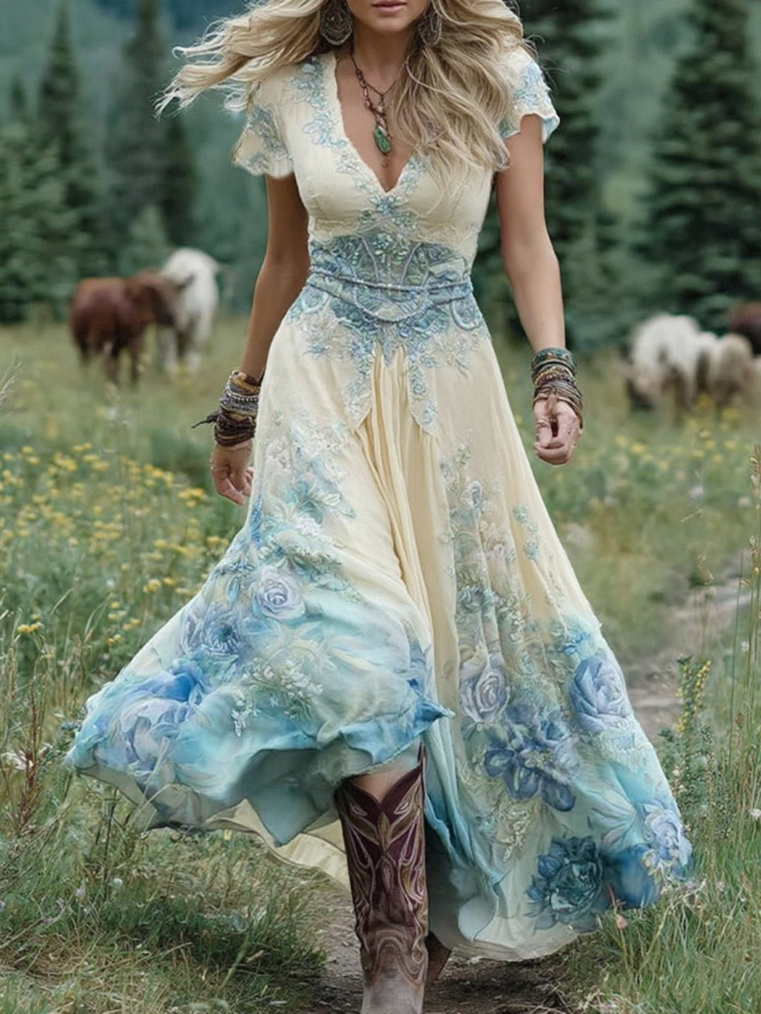 Women's V-Neck Short Sleeve Floral Maxi Dress - Blue
