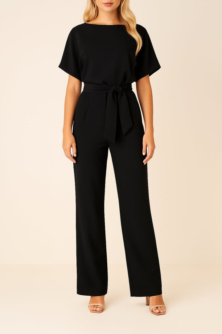 Women's Wide Leg Jumpsuit Short Sleeve Belted - Schwarz