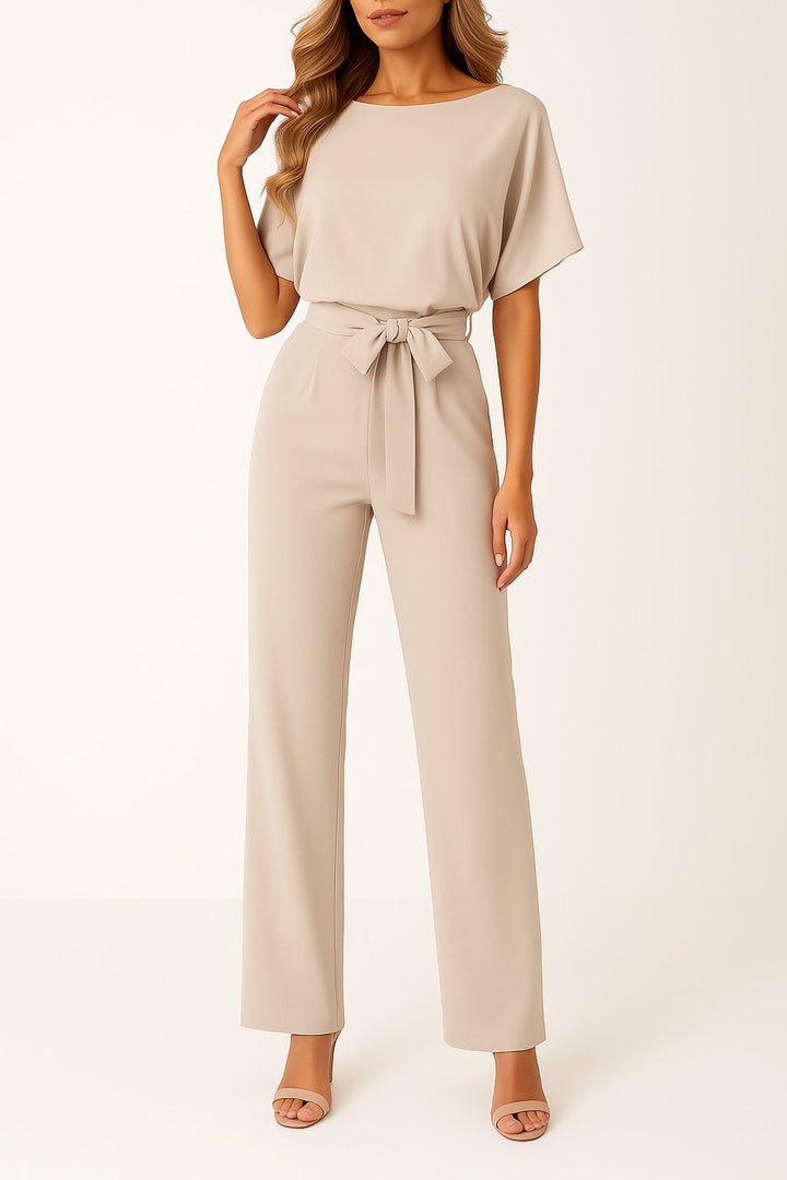 Women's Wide Leg Jumpsuit Short Sleeve Belted - Beige