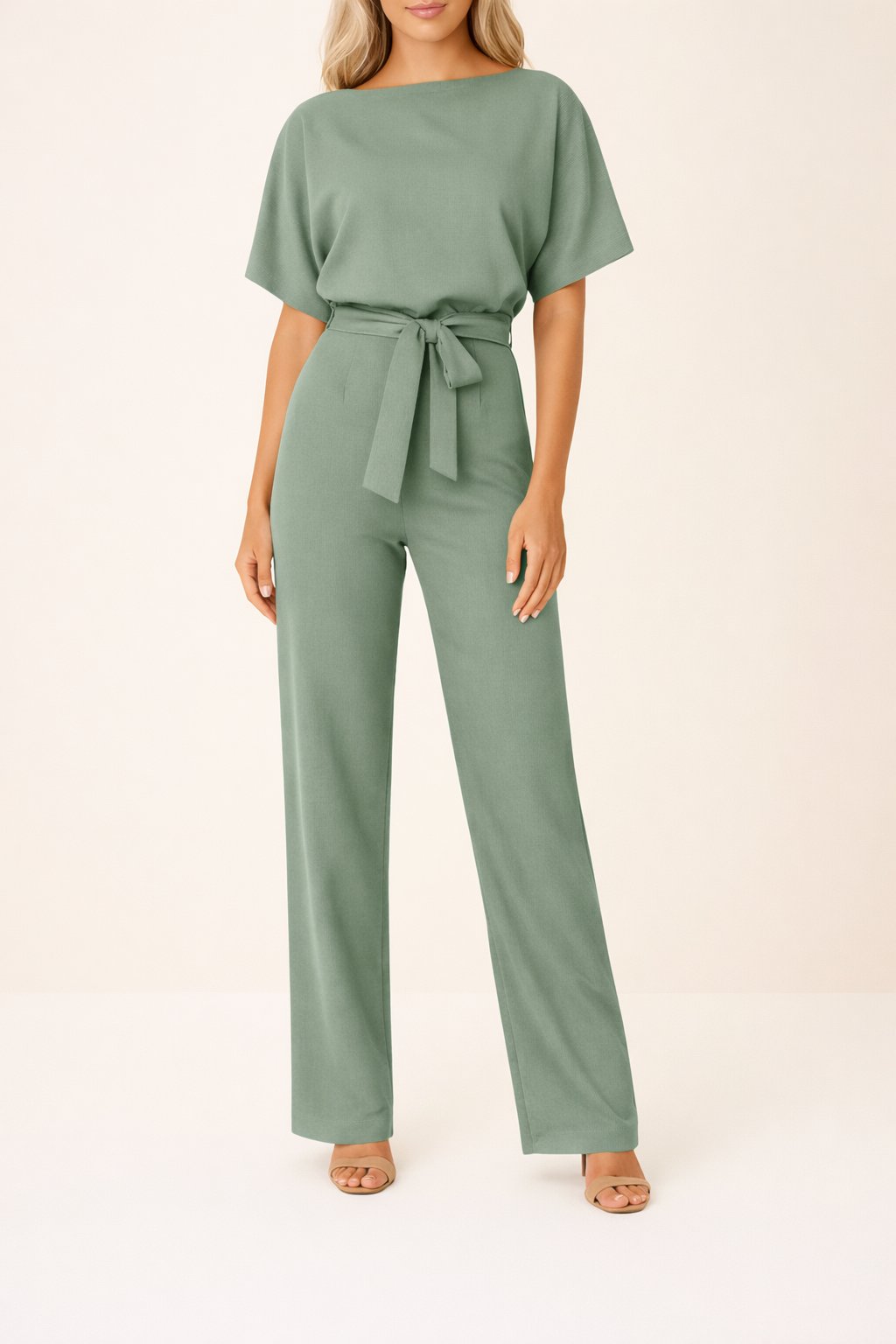 Women's Wide Leg Jumpsuit Short Sleeve Belted - Grün