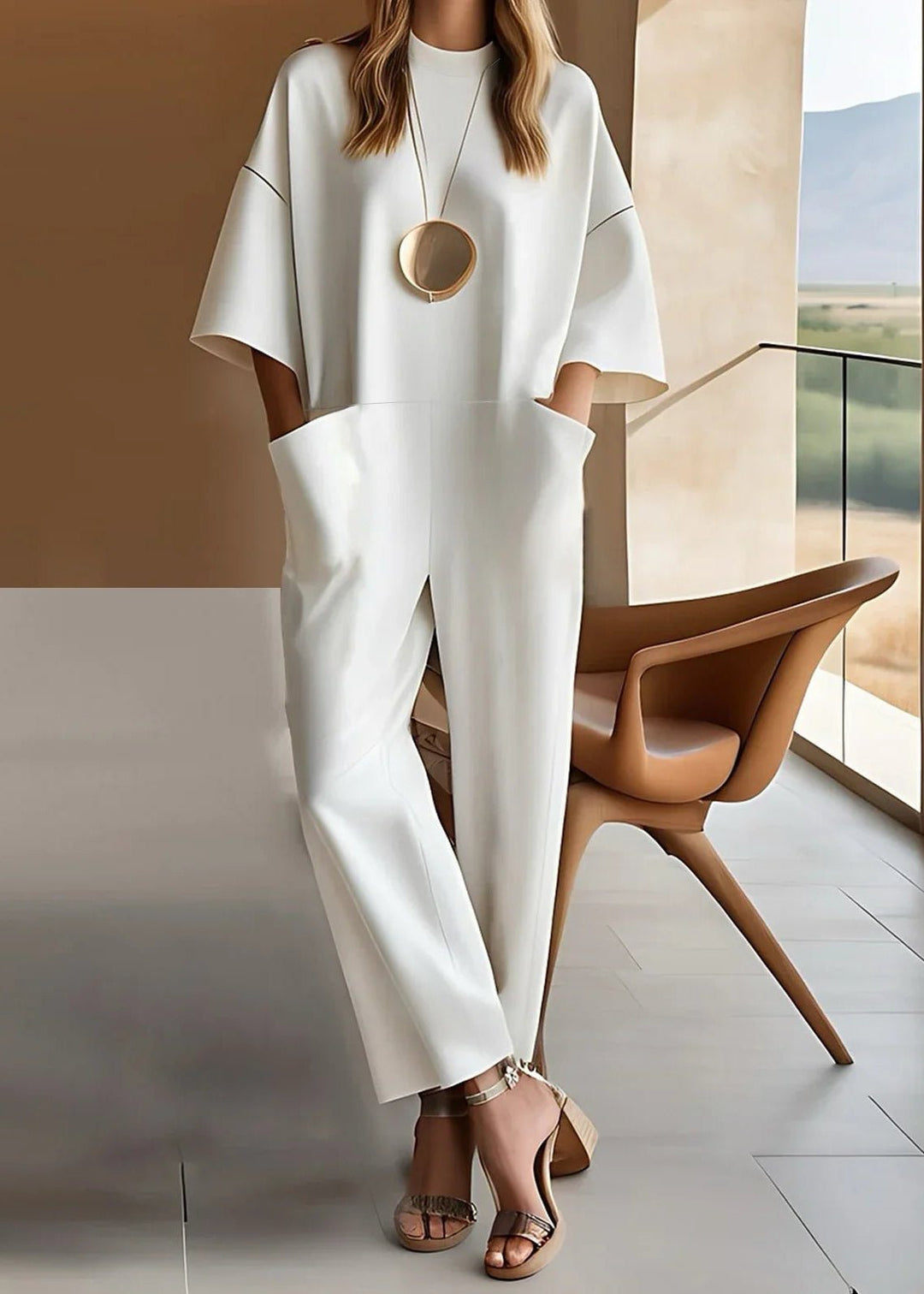 Women's Wide Leg Jumpsuit Short Sleeve Crew Neck - White