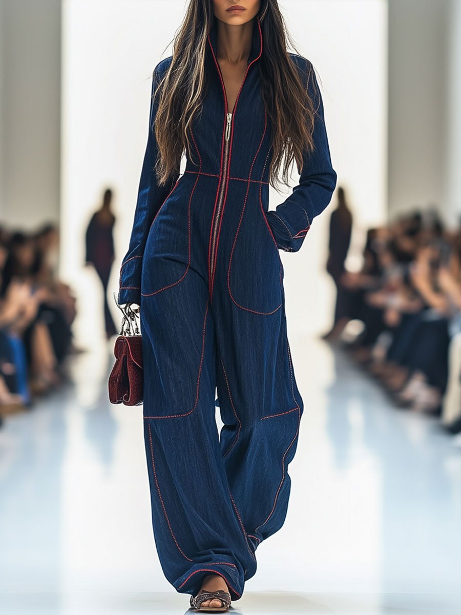 Women's Wide Leg Long Sleeve Zip-Front Jumpsuit - Dark Blue