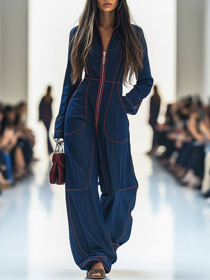 Women's Wide Leg Long Sleeve Zip-Front Jumpsuit - Dark Blue