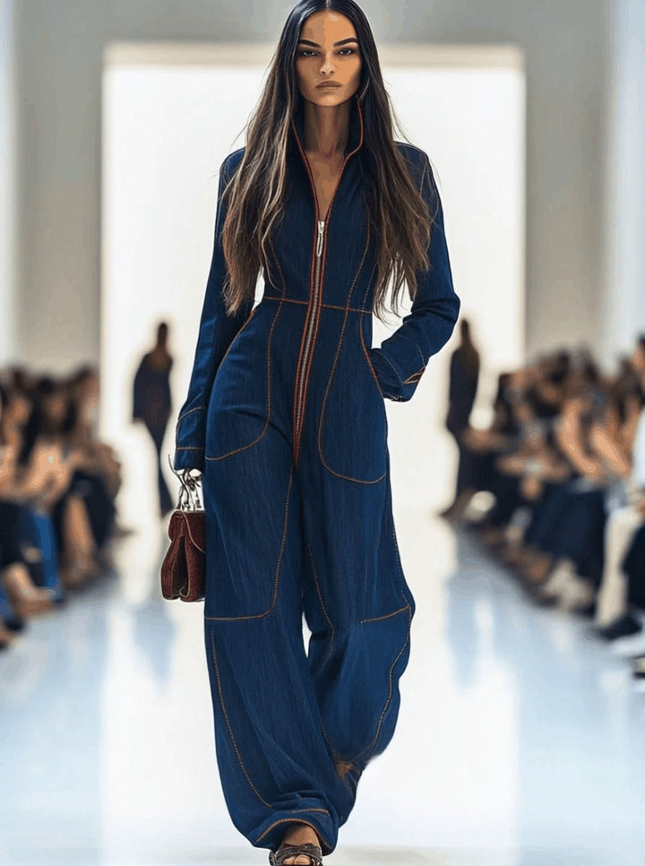 Women's Wide Leg Long Sleeve Zip-Front Jumpsuit
