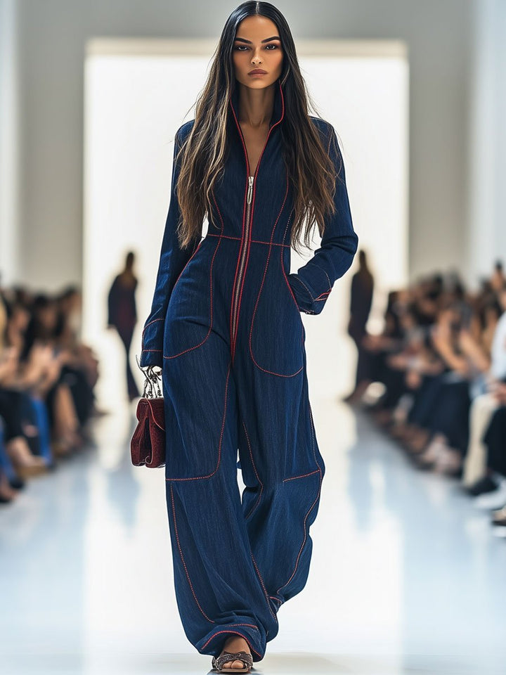 Women's Wide Leg Long Sleeve Zip-Front Jumpsuit