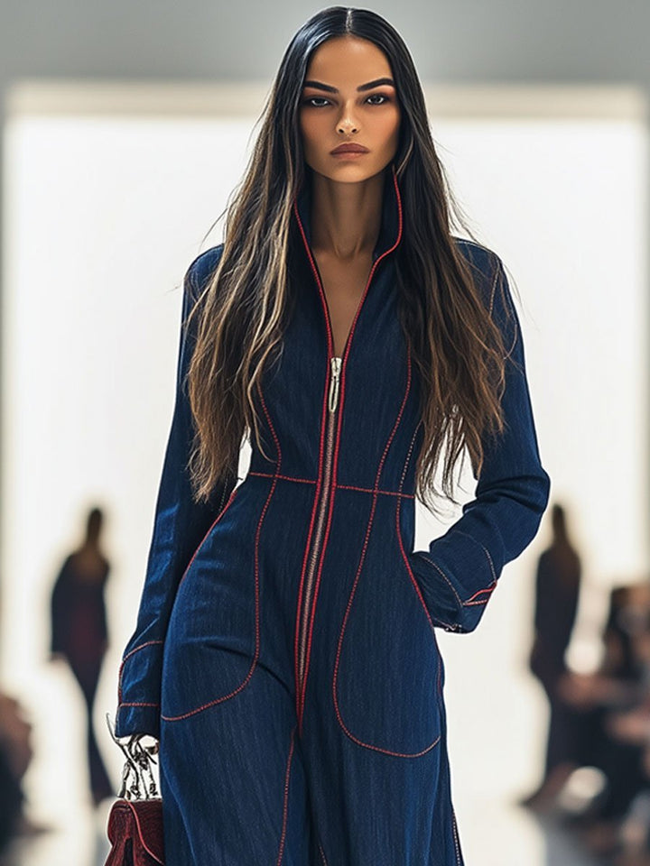 Women's Wide Leg Long Sleeve Zip-Front Jumpsuit