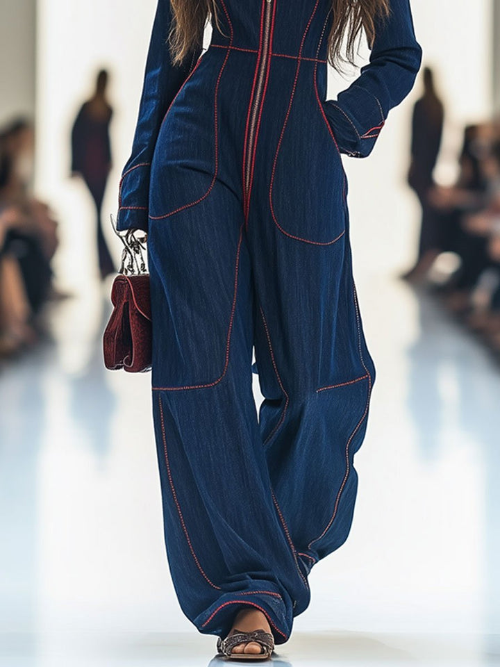 Women's Wide Leg Long Sleeve Zip-Front Jumpsuit