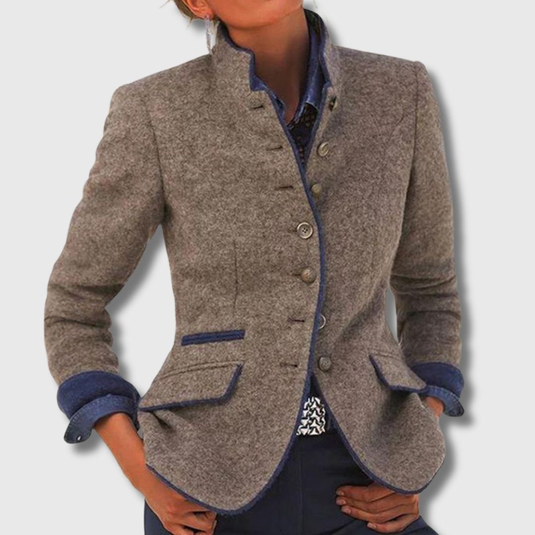 Women's Wool Blazer Stand-up Collar Button-Front Tailored - Brown