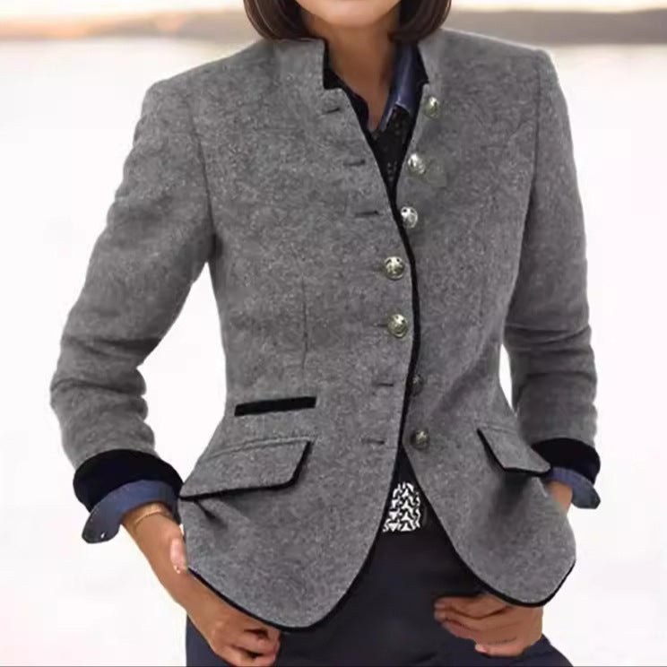 Women's Wool Blazer Stand-up Collar Button-Front Tailored - Gray