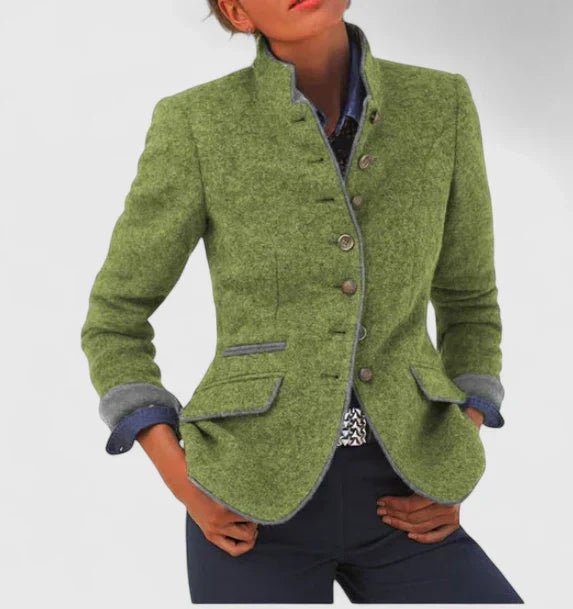 Women's Wool Blazer Stand-up Collar Button-Front Tailored - Green