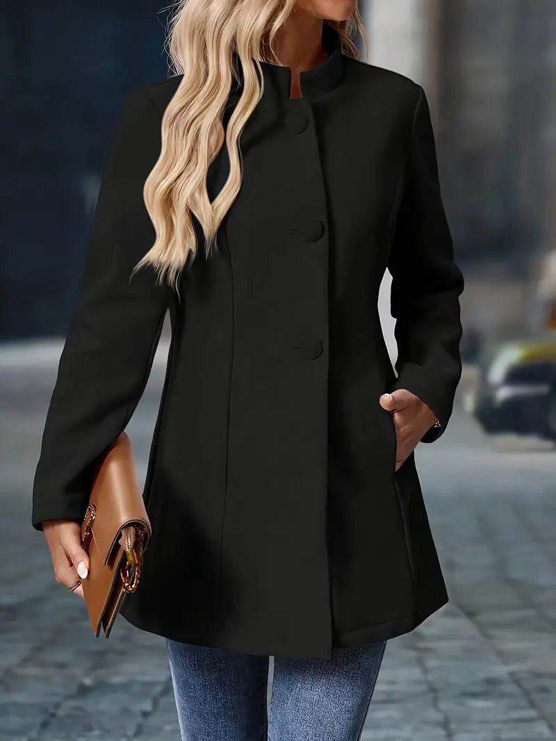 Women's Wool Blend Coat Stand Collar Button Front Mid-Length