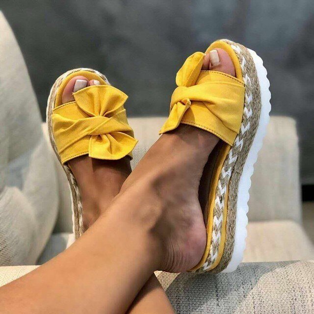 Women's Woven Wedge Sandals Bow Detail Platform - Yellow